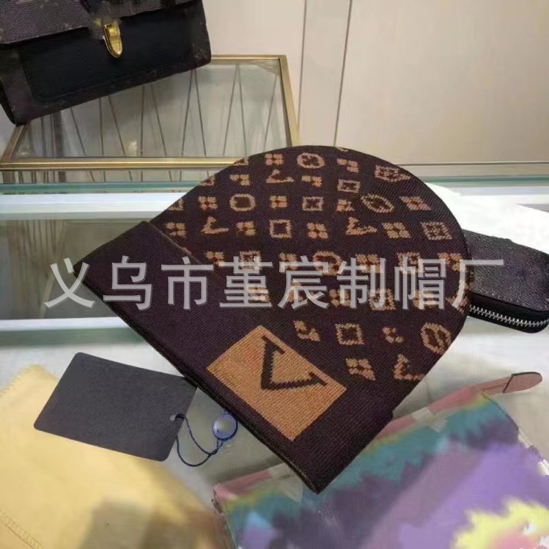 跨境外贸秋冬款L家卷边毛线帽女网红百搭冷帽保暖满印花针织帽男 17