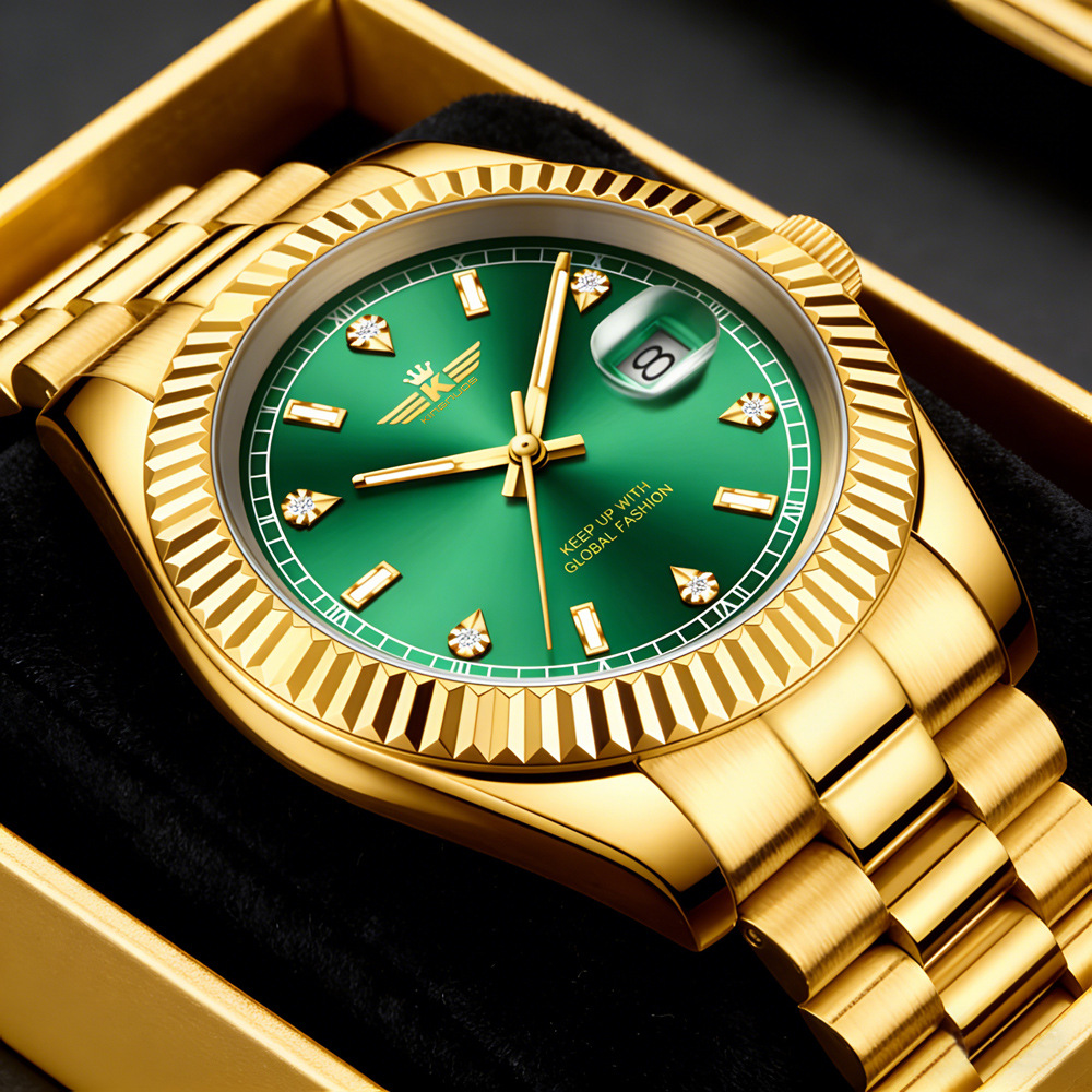 2026新款跨境优雅男士钢带日历夜光防水手表罗马数字刻度一件代发