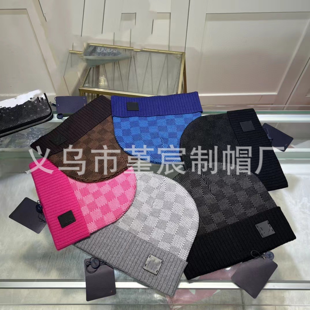 跨境外贸秋冬款L家卷边毛线帽女网红百搭冷帽保暖满印花针织帽男 4