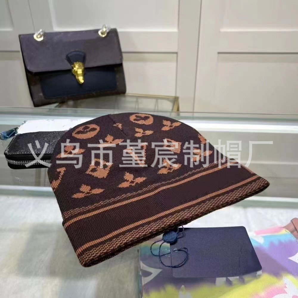 跨境外贸秋冬款L家卷边毛线帽女网红百搭冷帽保暖满印花针织帽男 22
