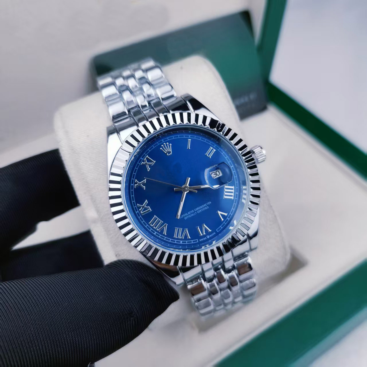 日志实心钢带罗马银蓝