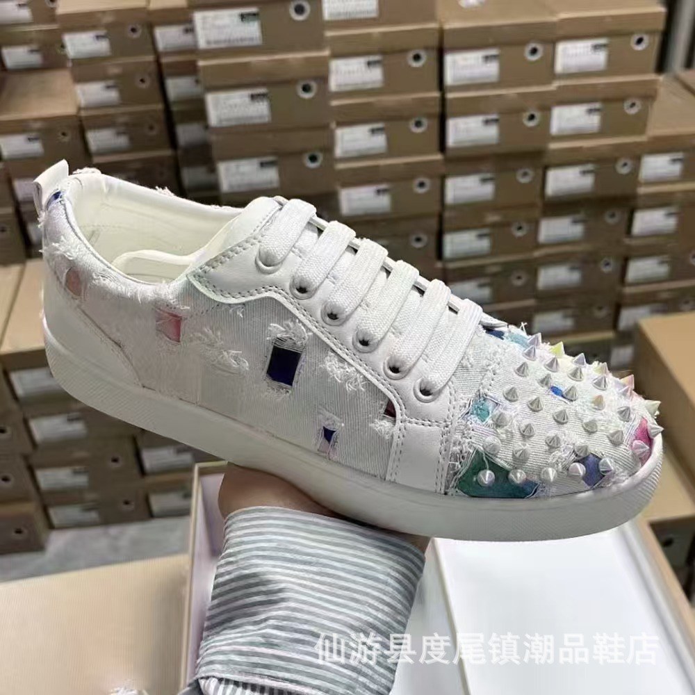 外贸欧洲站cl红底鞋电绣款低帮高帮男鞋红底情侣潮流铆钉休闲系带 23