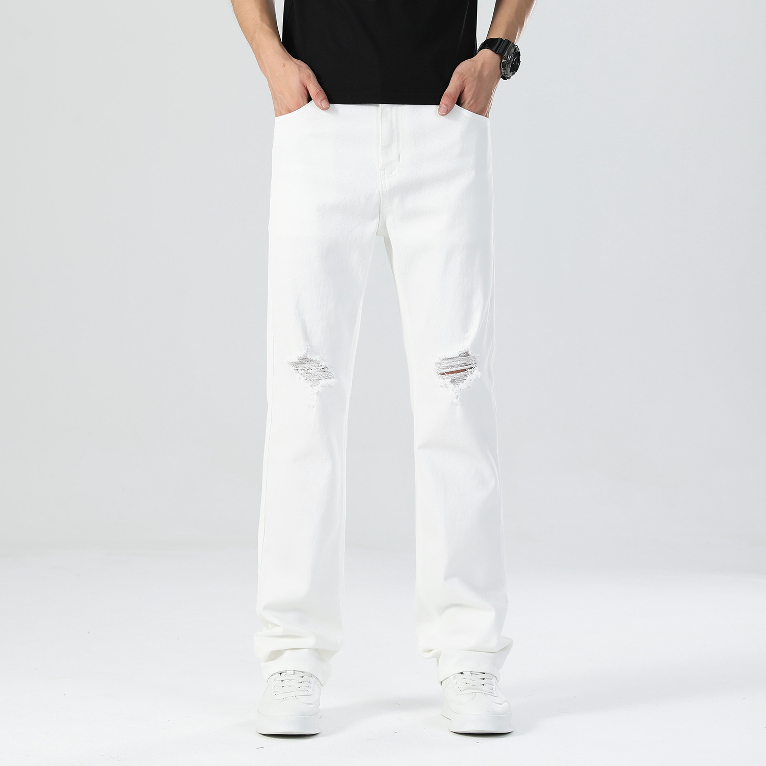 2025新款白色黑色男女牛仔裤春夏男士个性破洞割烂补丁裤弹力修身