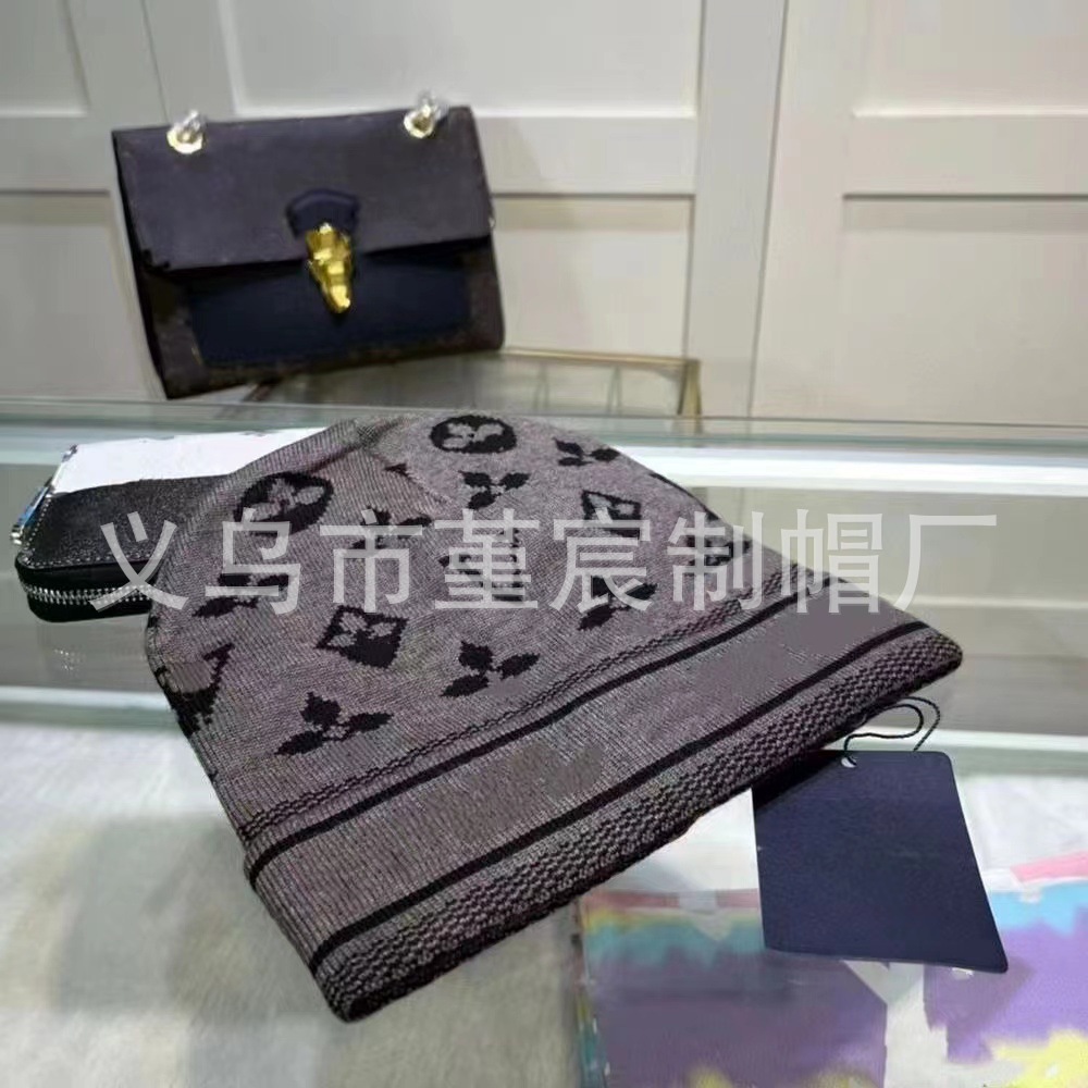 跨境外贸秋冬款L家卷边毛线帽女网红百搭冷帽保暖满印花针织帽男 13