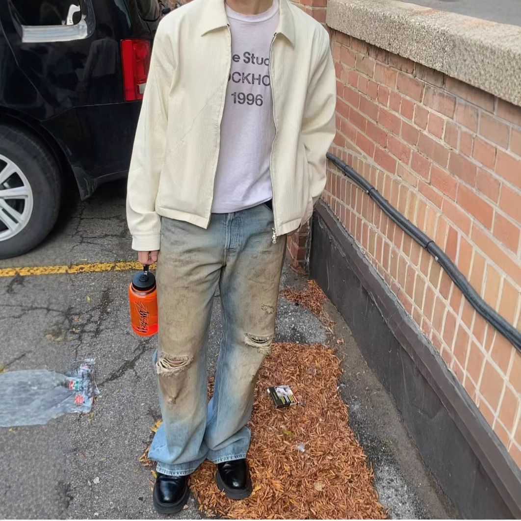 新晋牛王AC风格泥染破坏水洗做旧磨烂刀割蓝色直筒阔腿宽松牛仔裤