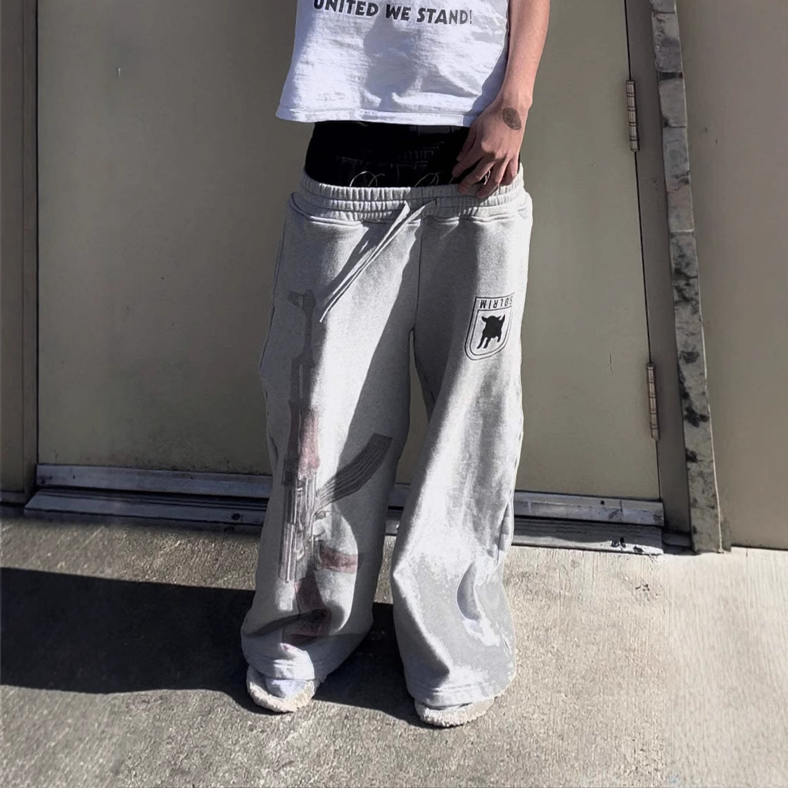 y2k高街欧美跨境ins双腰印花刺绣街头折叠裤头卫衣裤休闲直筒长裤 3