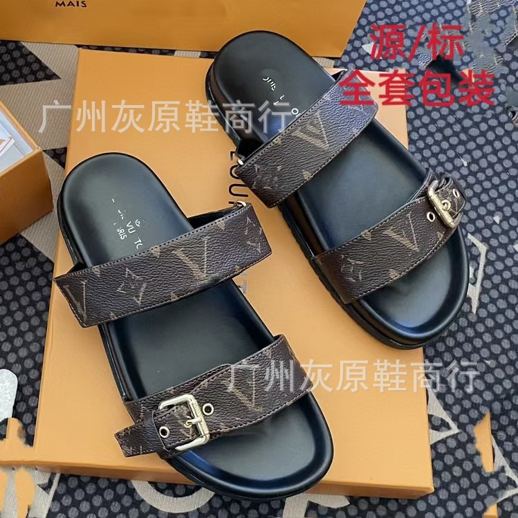 外贸24新款中东柬埔寨沙滩拖鞋男女外穿平底金属扣字母驴拖鞋纯源