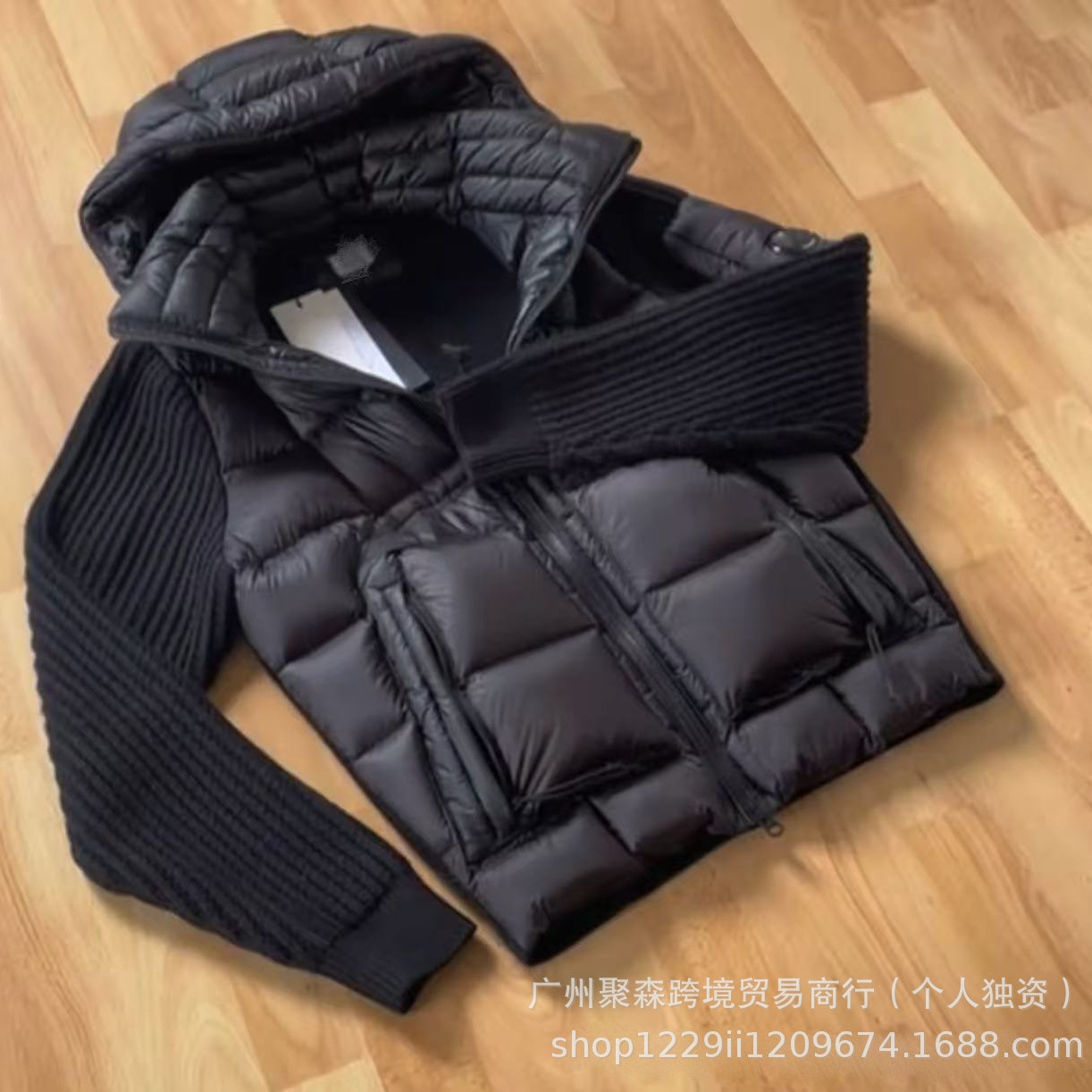 跨境冬款C.P针织拼接羊毛羽绒服男士潮牌连帽拉链白鸭绒夹克外套 2