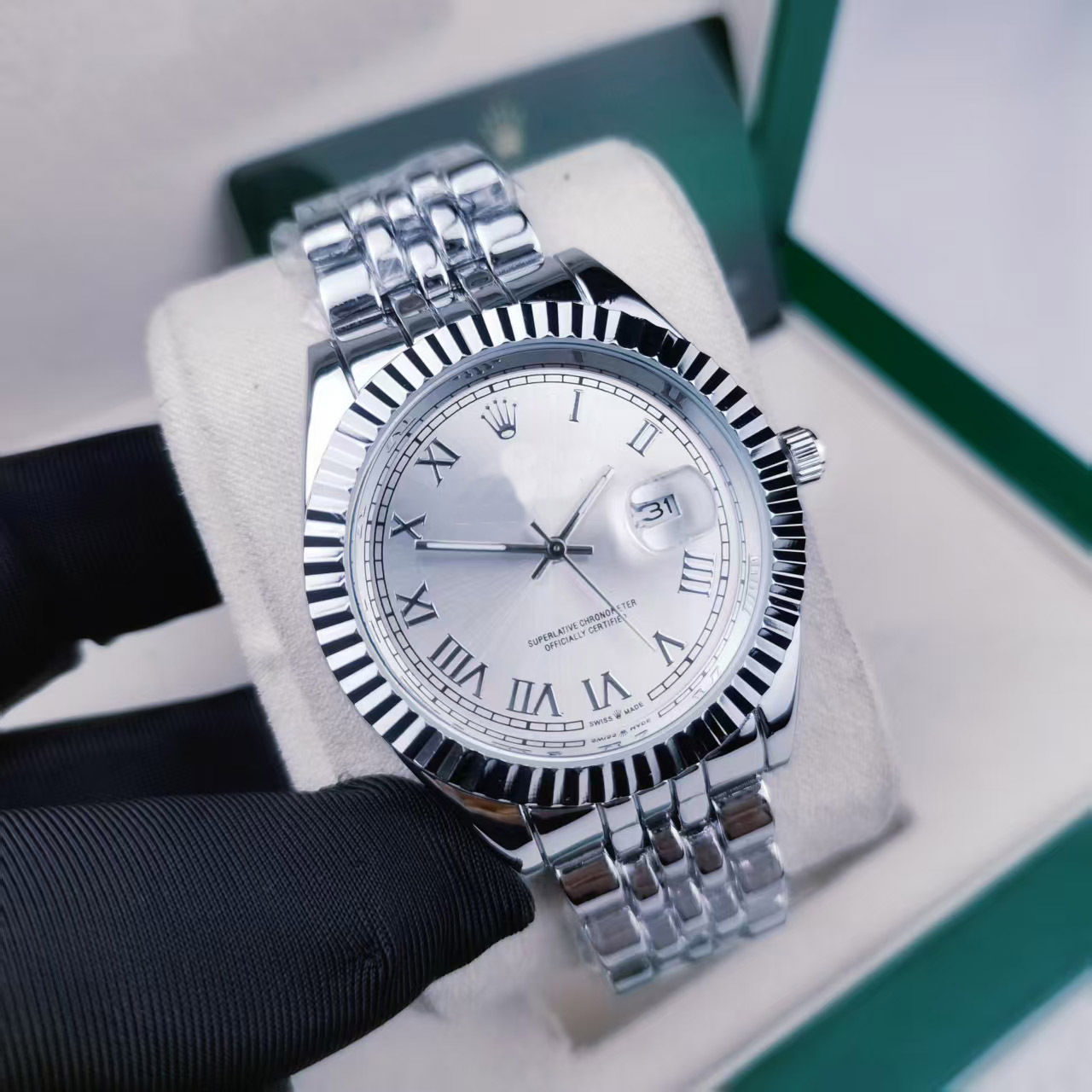 日志实心钢带罗马银白