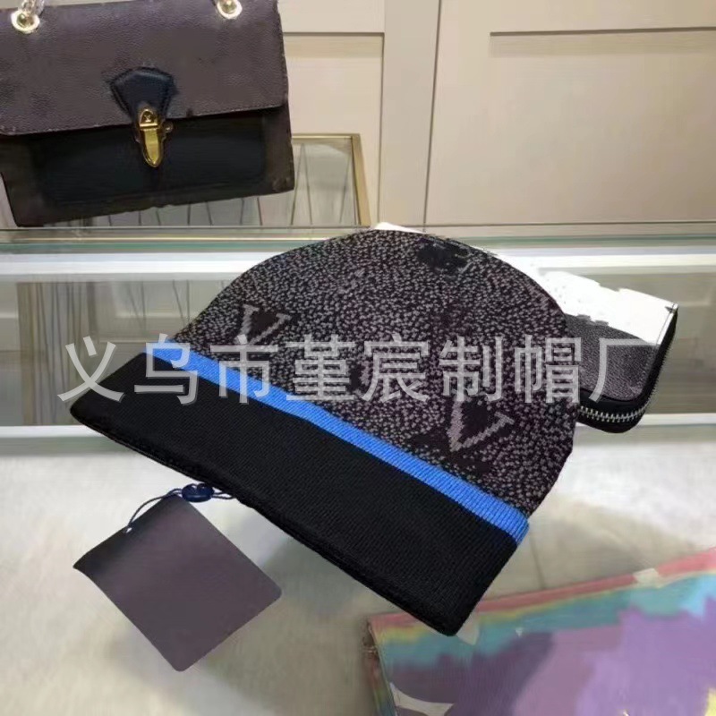跨境外贸秋冬款L家卷边毛线帽女网红百搭冷帽保暖满印花针织帽男 23