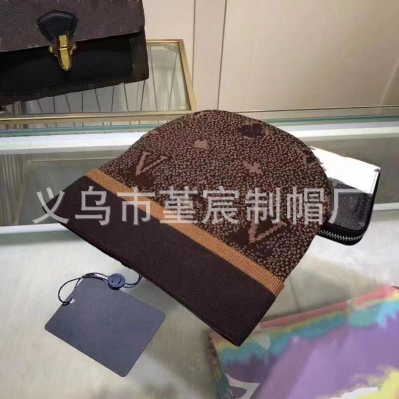 跨境外贸秋冬款L家卷边毛线帽女网红百搭冷帽保暖满印花针织帽男 15