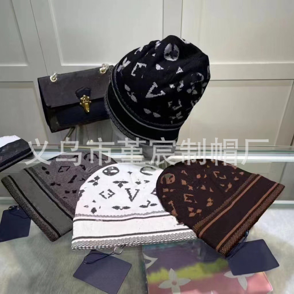 跨境外贸秋冬款L家卷边毛线帽女网红百搭冷帽保暖满印花针织帽男 3