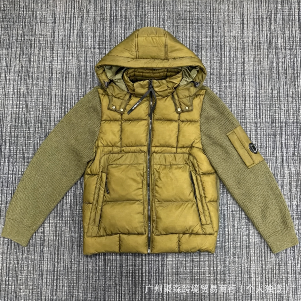 跨境冬款C.P针织拼接羊毛羽绒服男士潮牌连帽拉链白鸭绒夹克外套 36