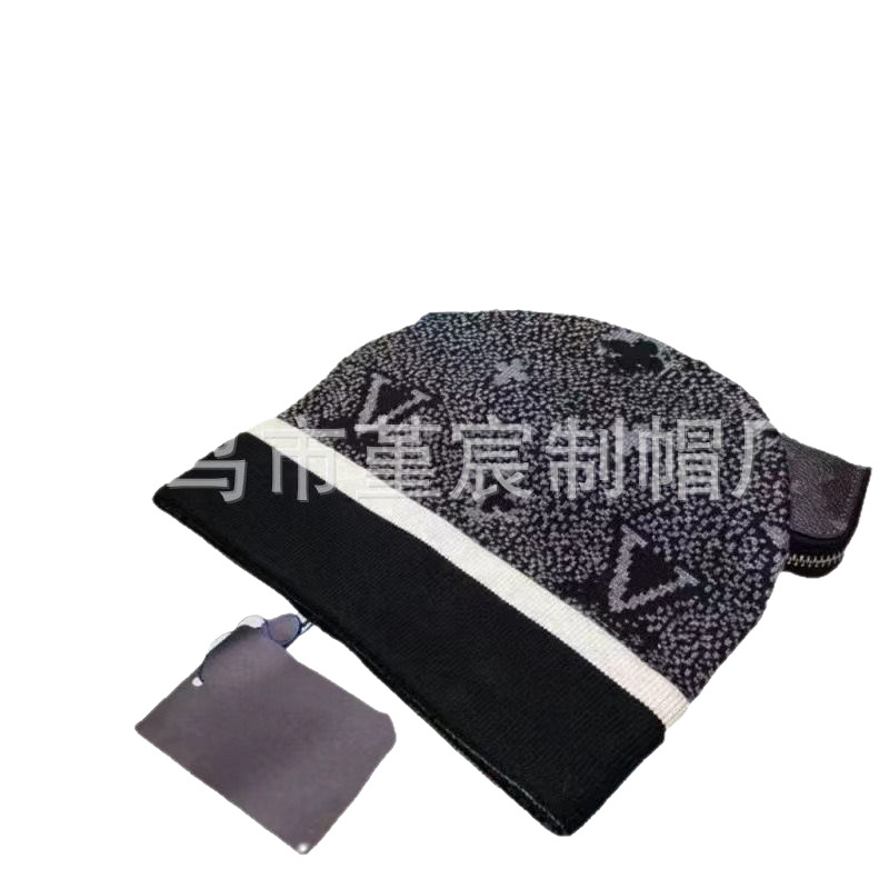 跨境外贸秋冬款L家卷边毛线帽女网红百搭冷帽保暖满印花针织帽男 5