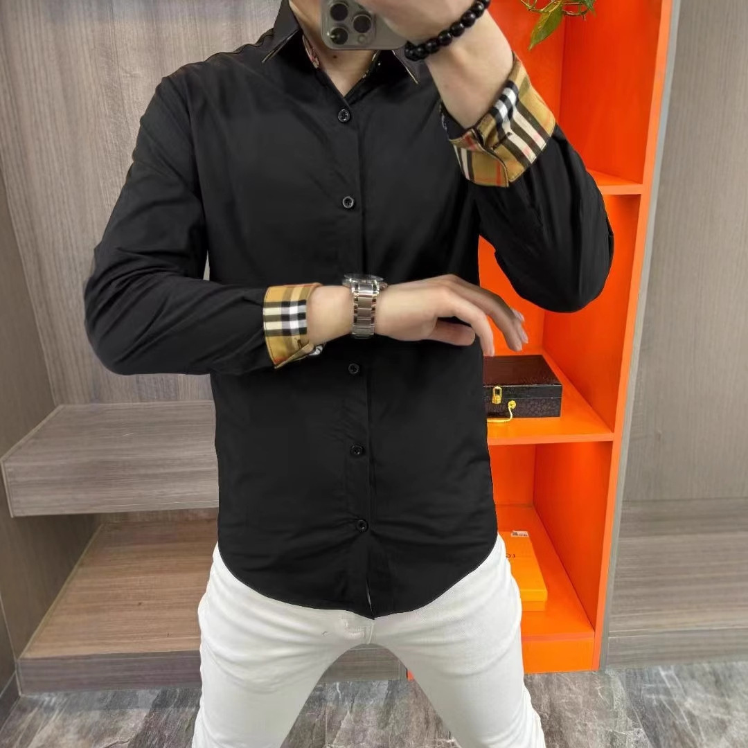 商务休闲简约男士春夏季长袖衬衫个性黑色拼接百搭舒适上衣 4