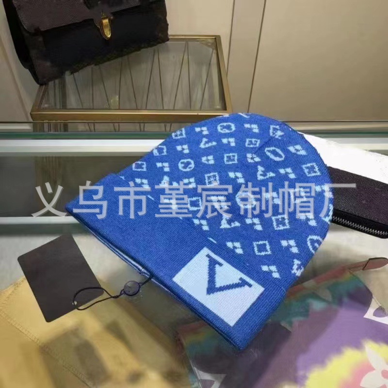 跨境外贸秋冬款L家卷边毛线帽女网红百搭冷帽保暖满印花针织帽男 12