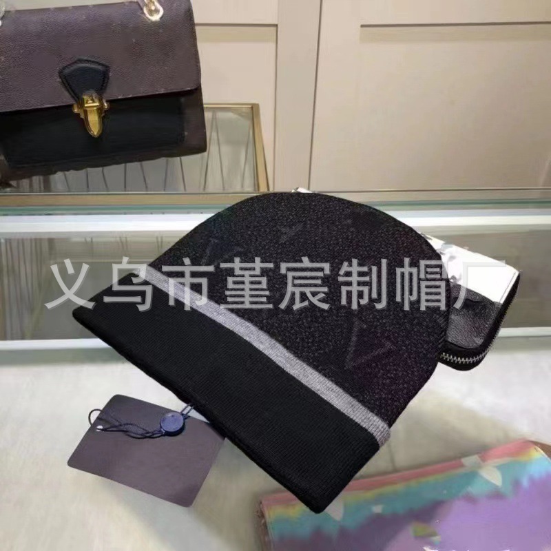 跨境外贸秋冬款L家卷边毛线帽女网红百搭冷帽保暖满印花针织帽男 9