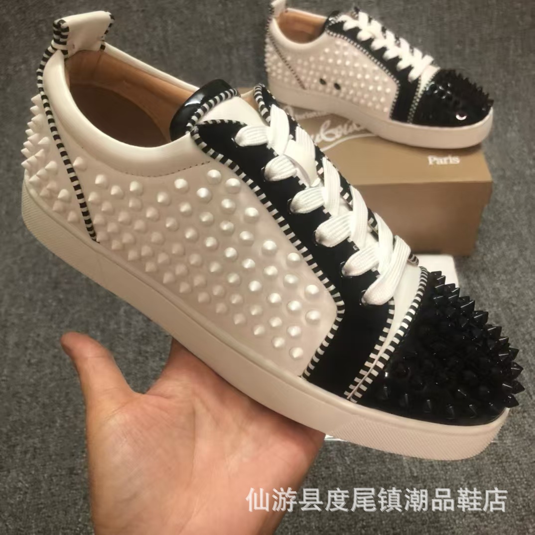 外贸欧洲站cl红底鞋电绣款低帮高帮男鞋红底情侣潮流铆钉休闲系带 27