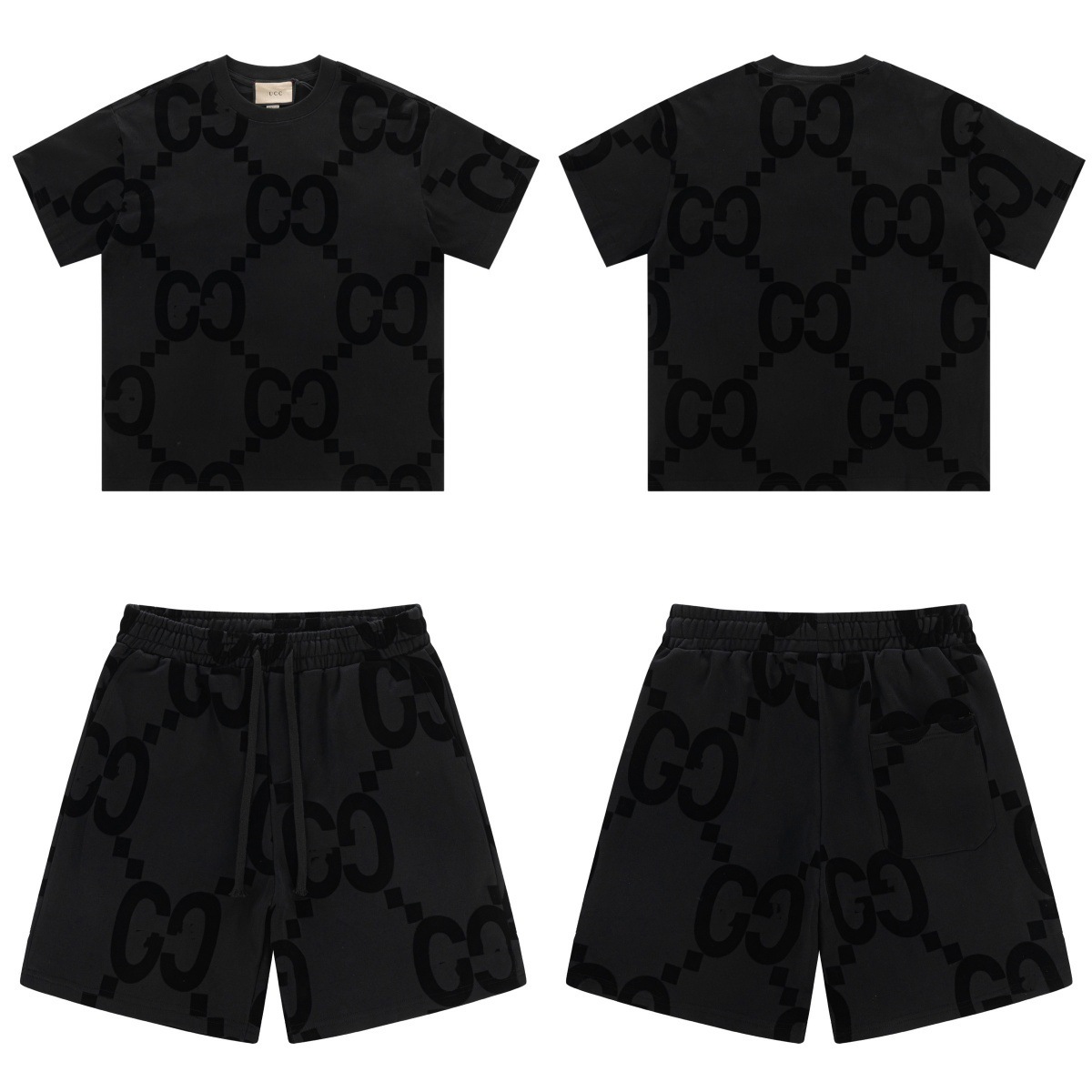 跨境GU家T恤古家短裤2025新款植绒双G暗纹植绒宽松短袖五分裤