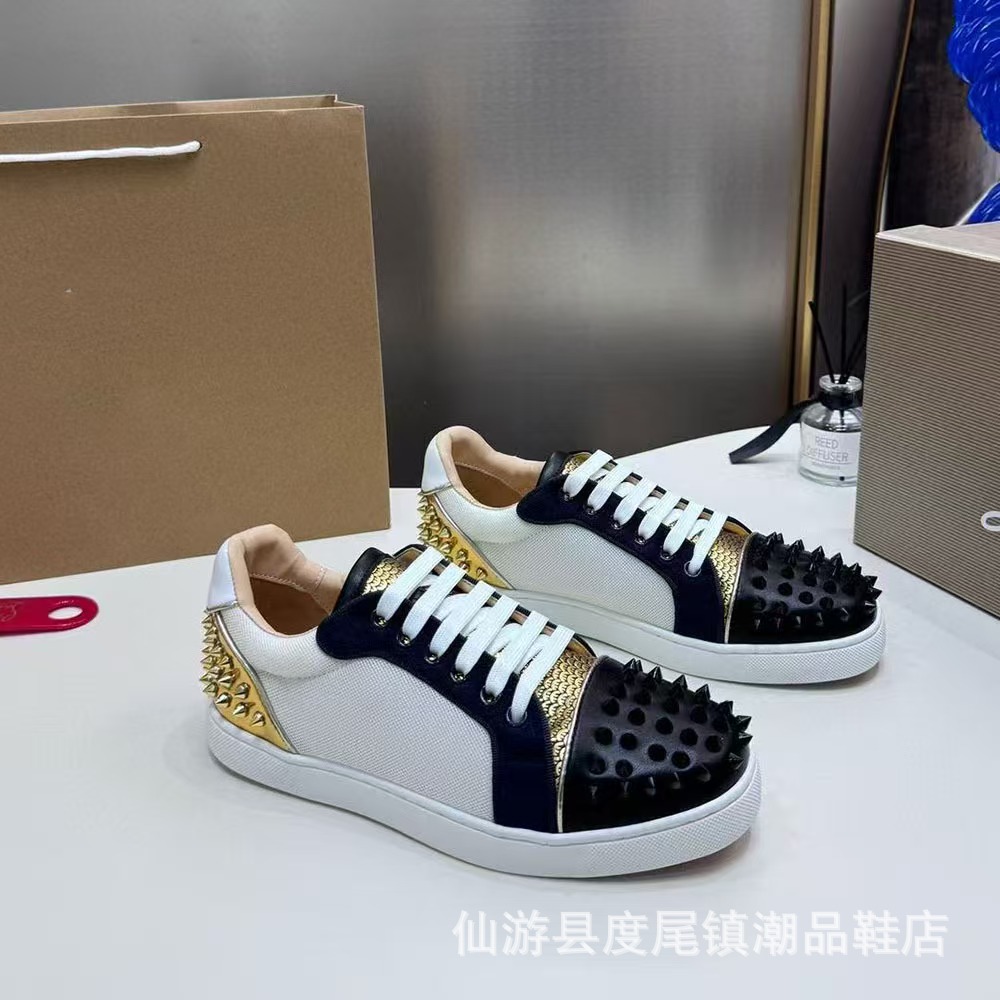 外贸欧洲站cl红底鞋电绣款低帮高帮男鞋红底情侣潮流铆钉休闲系带 6