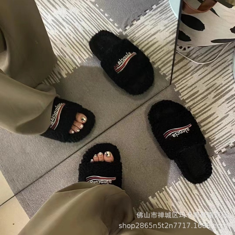 巴黎毛毛拖鞋女外穿2024新款字母刺绣厚底羊羔毛秋冬平底一字拖鞋 3