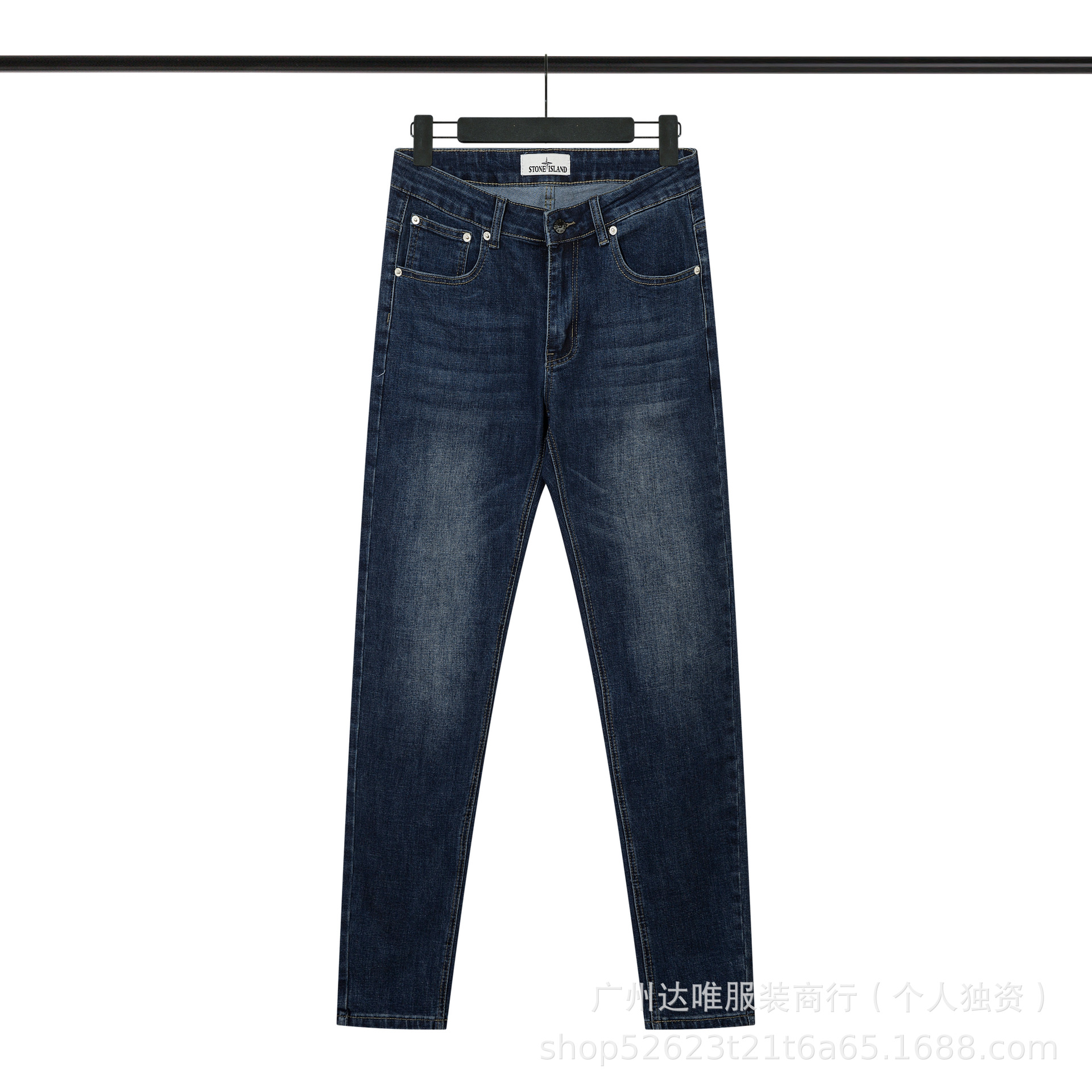 外贸跨境stone石头牛仔裤高弹水洗后口袋刺绣徽章修身小脚长裤男 2