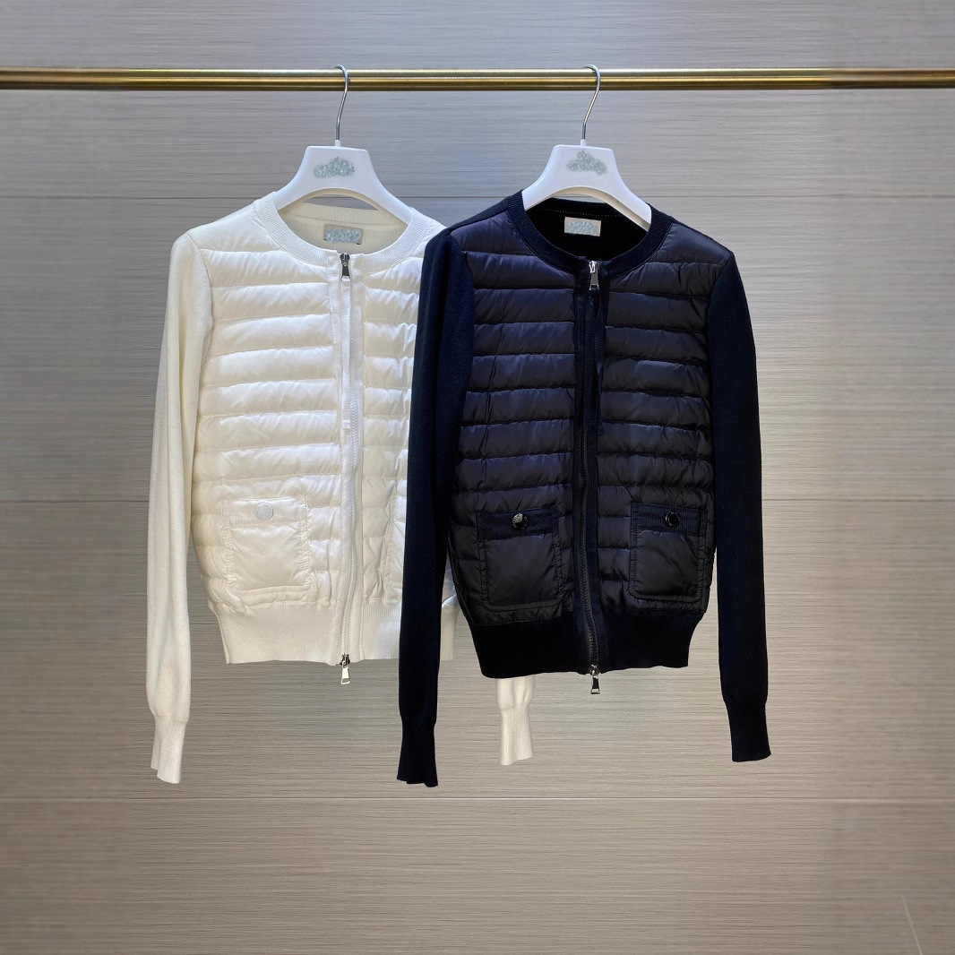 M蒙家春秋款女士轻薄圆领线衫拼接羽绒服90白鸭绒修身休闲外套