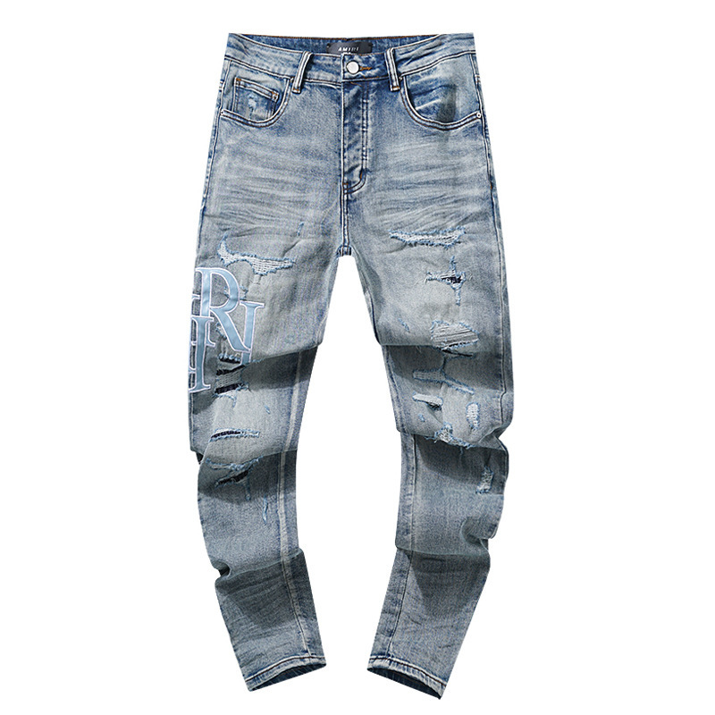 跨境批发purple美式高街破洞补丁潮流复古直筒amiri牛仔裤子brand 74