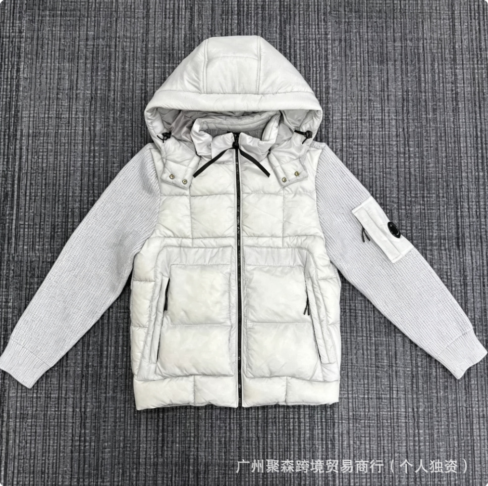 跨境冬款C.P针织拼接羊毛羽绒服男士潮牌连帽拉链白鸭绒夹克外套 20