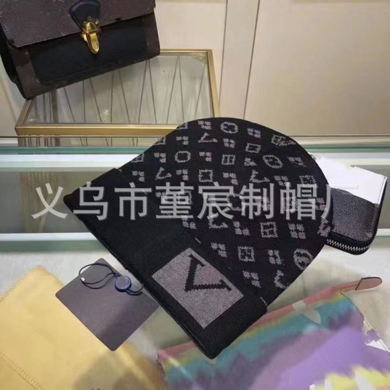 跨境外贸秋冬款L家卷边毛线帽女网红百搭冷帽保暖满印花针织帽男 20