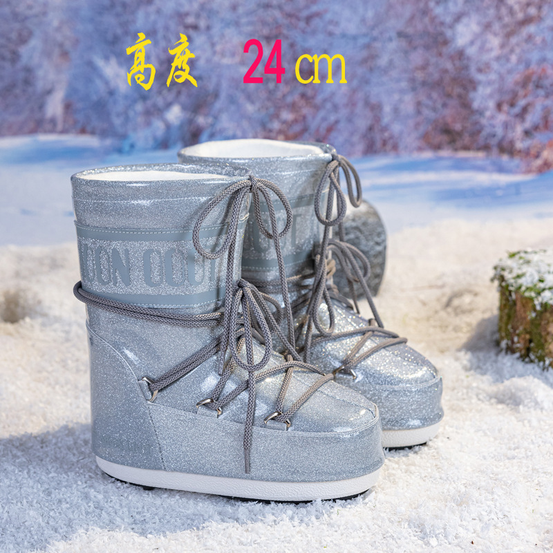 时尚月亮加绒雪地靴2025冬季新款厚底保暖防滑耐磨长筒滑雪靴女 20