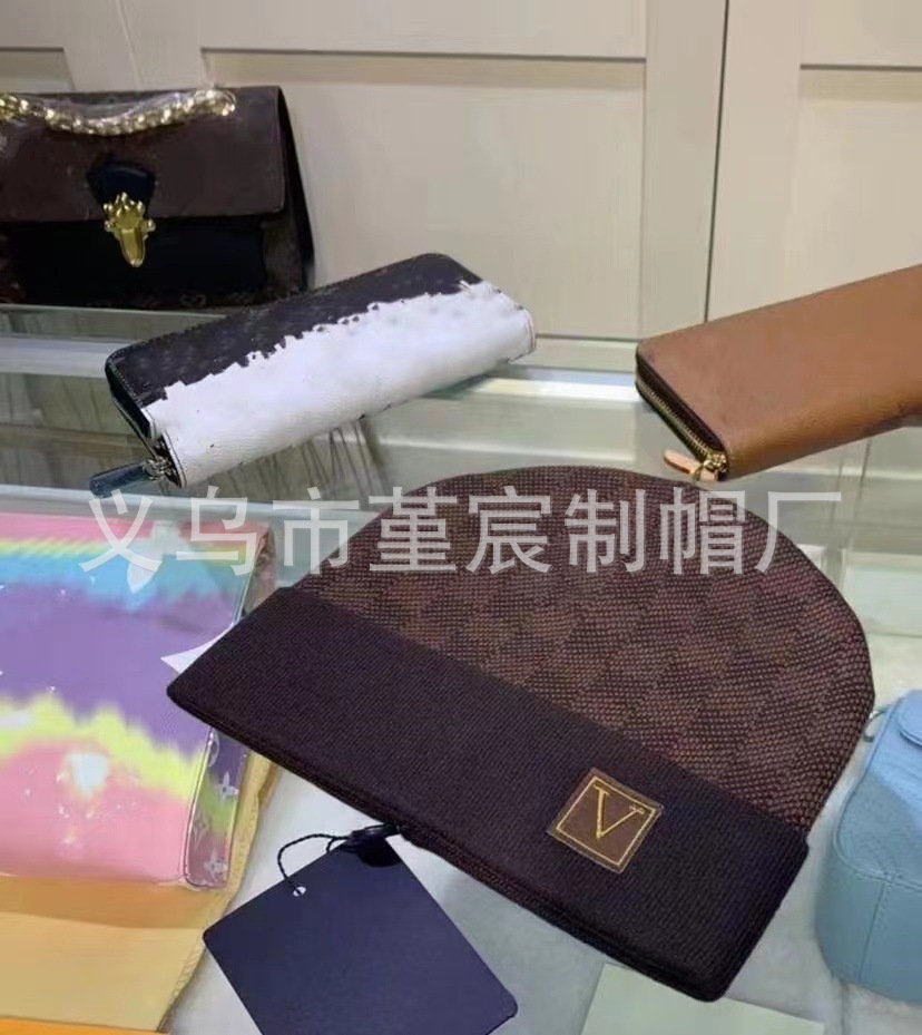 跨境外贸秋冬款L家卷边毛线帽女网红百搭冷帽保暖满印花针织帽男 21