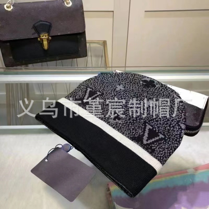 跨境外贸秋冬款L家卷边毛线帽女网红百搭冷帽保暖满印花针织帽男 24