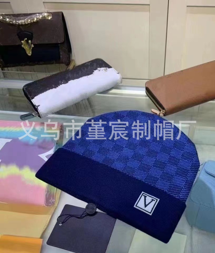 跨境外贸秋冬款L家卷边毛线帽女网红百搭冷帽保暖满印花针织帽男 27