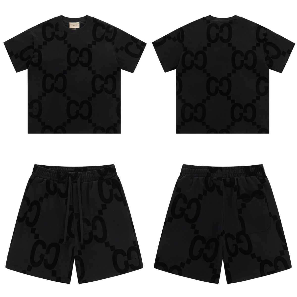 高版本GU家古家短袖T恤2025新款植绒双G暗纹植绒宽松短裤五分裤