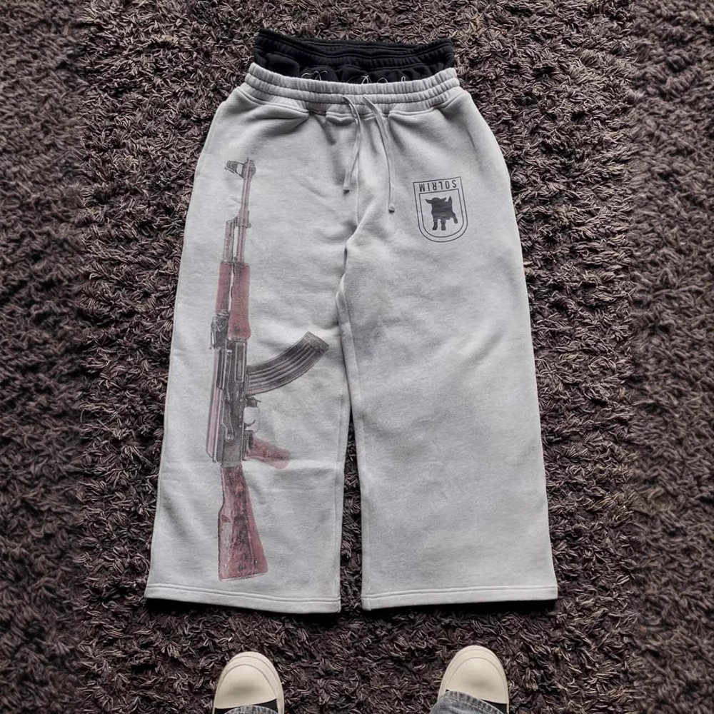 y2k高街欧美跨境ins双腰印花刺绣街头折叠裤头卫衣裤休闲直筒长裤