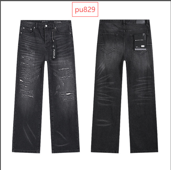 跨境批发purple美式高街破洞补丁潮流复古直筒amiri牛仔裤子brand 17