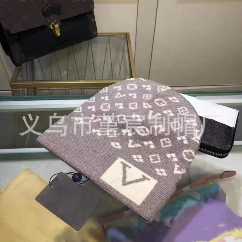 跨境外贸秋冬款L家卷边毛线帽女网红百搭冷帽保暖满印花针织帽男 6