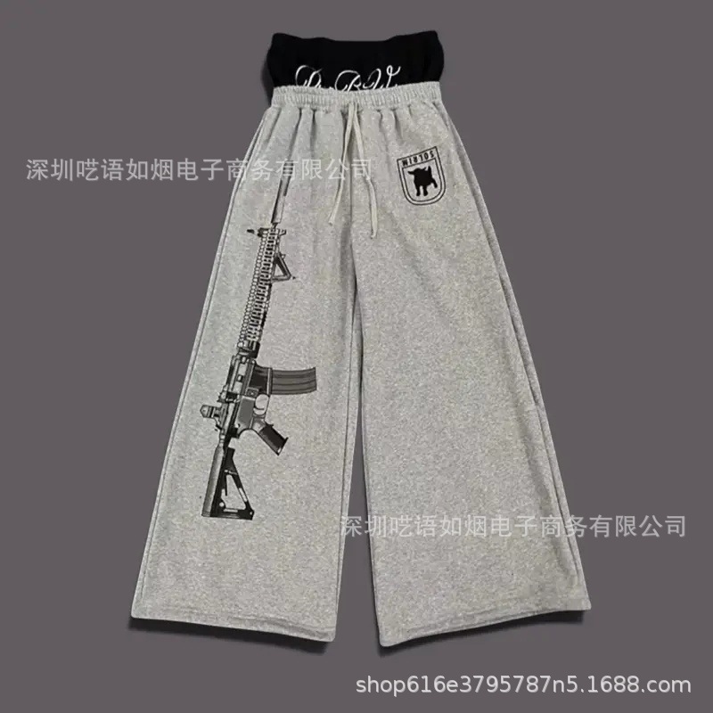 y2k高街欧美跨境ins双腰印花刺绣街头折叠裤头卫衣裤休闲直筒长裤 14