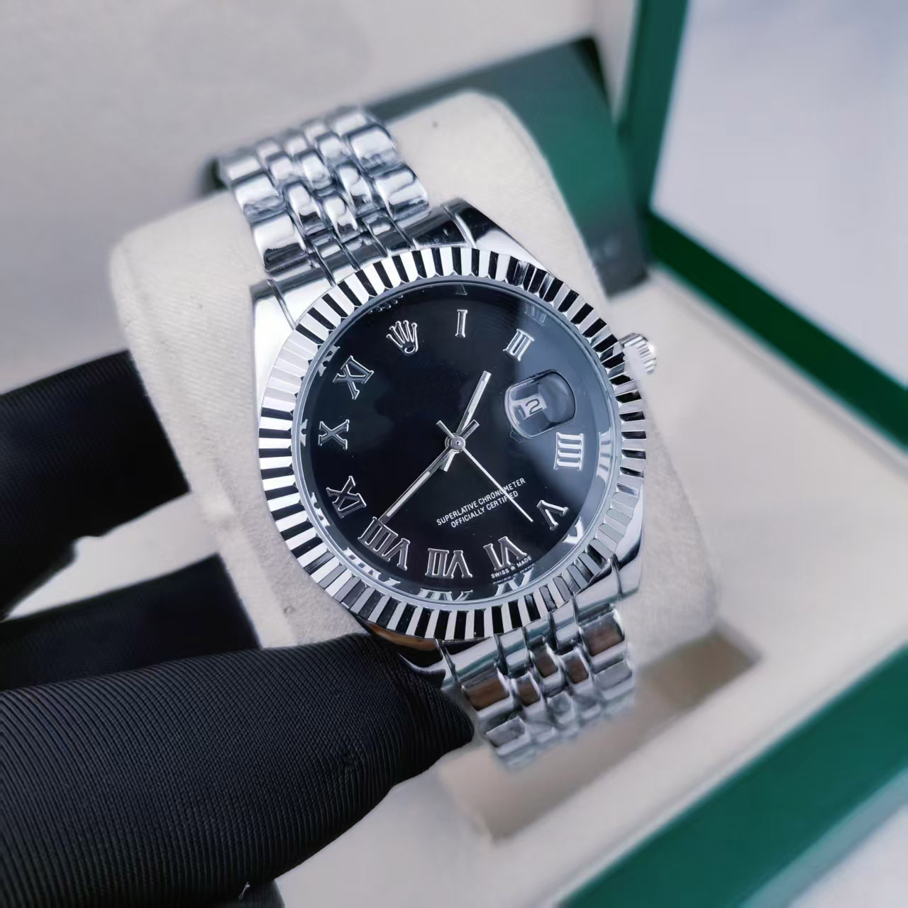 日志实心钢带罗马银黑