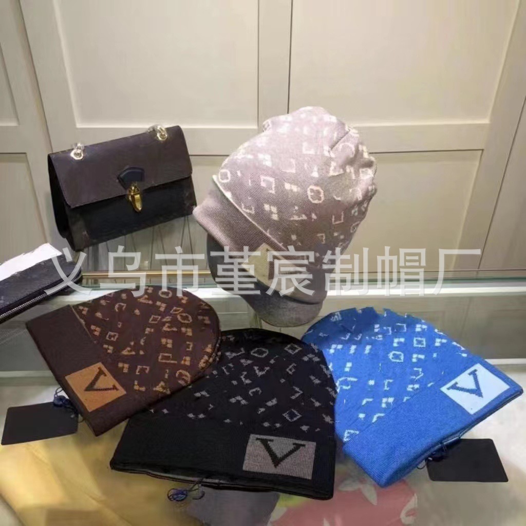 跨境外贸秋冬款L家卷边毛线帽女网红百搭冷帽保暖满印花针织帽男 2